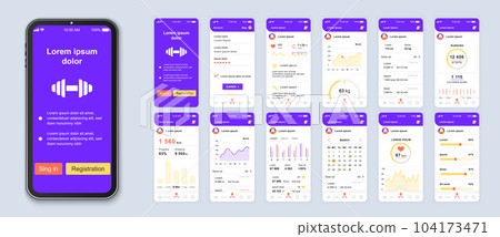 Fitness mobile app interface design vector templates set. Calorie counter. Healthcare and lifestyle web page design layout. Pack of UI, UX, GUI screens for application kit. Phone display Fitness mobile app interface design vector templates set. Calorie counter. Healthcare and lifestyle web page design layout. Pack of UI, UX, GUI screens for application kit. Phone display 104173471