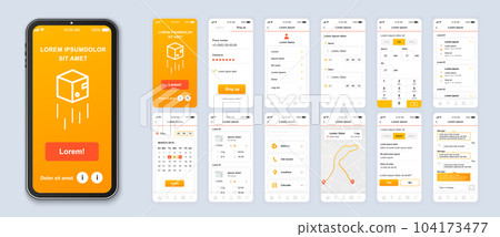 Delivery mobile app smartphone interface vector templates set. Online parcel shipping web page design layout. Pack of UI, UX, GUI screens for application. Phone display. Web design kit 104173477