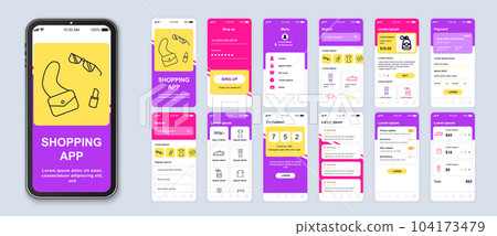 Shopping app smartphone interface vector templates set. Online clothes store web page design layout. Pack of UI, UX, GUI screens for application. Phone display. Mobile shop web design kit Shopping app smartphone interface vector templates set. Online clothes store web page design layout. Pack of UI, UX, GUI screens for application. Phone display. Mobile shop web design kit 104173479