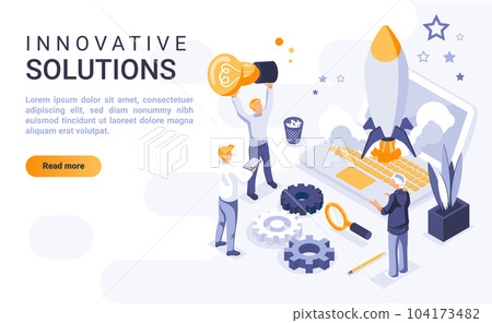 Innovative solutions landing page vector template with isometric illustration. Creative entrepreneurship homepage interface layout with isometry. Brainstorming and idea generation 3d webpage design 104173482