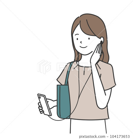 Woman listening to smartphone audio with earphones Woman listening to smartphone audio with earphones 104173653