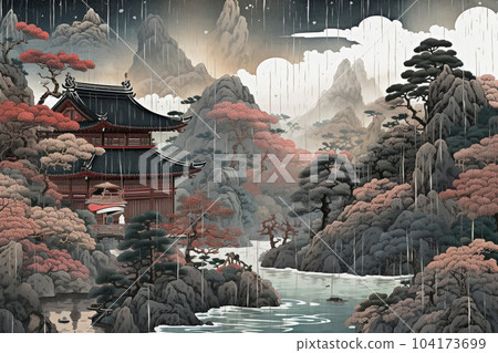 一條河流在山脈和雨景之間流動（浮世繪風格）：AI 生成的圖像 104173699