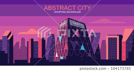 Vector illustration in simple flat style - city skyline with mall, department store - abstract consumerism banner and shopping background with copy space for text - header image for landing page. 104173785