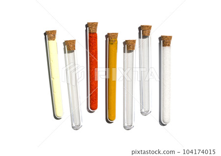 Sulfur Powder, Potassium Ferricyanide, Organic Curcuma Powder and Di-Ammonium Phosphate in test tube with cork cap. Cosmetic chemicals ingredient on laboratory table. Top View Sulfur Powder, Potassium Ferricyanide, Organic Curcuma Powder and Di-Ammonium Phosphate in test tube with cork cap. Cosmetic chemicals ingredient on laboratory table. Top View 104174015