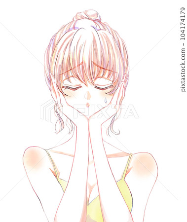 Worried woman close her eyes sweat dumpling head sweat Worried woman close her eyes sweat dumpling head sweat 104174179