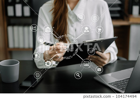 Digital transformation technology strategy, woman using laptop, tablet and smartphone with of things. transformation of ideas and the adoption. 104174494