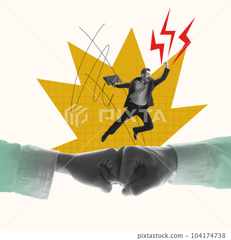 Successful business deal. Businessman, employee jumping with winning, happy emotions. Professional success and growth. Contemporary art collage. 104174738