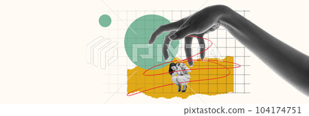 Professional crisis and punishment. Employee sitting under giant boss hand making manipulation and pressure. Contemporary art collage. Professional crisis and punishment. Employee sitting under giant boss hand making manipulation and pressure. Contemporary art collage. 104174751