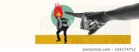 Deadlines. Businessman deadline with burning projects and unpleasant boss. Professional tasks and challenges. Contemporary art collage. 104174752