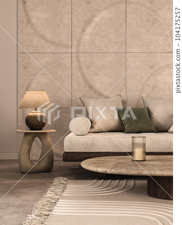 Modern bohemian interior composition with large scandinavian sofa with pillows, warm light lamp and decorative molding panels. 3d rendering. High quality 3d illustration 104175257