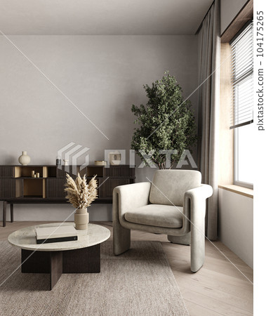 Luxury living room with gray wall and lounge furniture - taupe chairs. Empty space for art or picture. Rich interior design. Mockup of room or hall. 3d rendering. High quality 3d illustration Luxury living room with gray wall and lounge furniture - taupe chairs. Empty space for art or picture. Rich interior design. Mockup of room or hall. 3d rendering. High quality 3d illustration 104175265