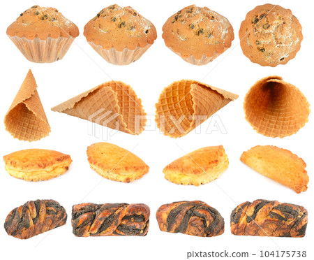 Collection of sweet bread products isolated on white 104175738