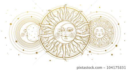 Magic banner for astrology, divination, magic. Golden crescent and sun with a face on a white background. Esoteric vector isolated illustration, tattoo, mystical pattern. 104175831