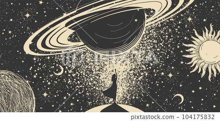 Astrology, horoscope mystical banner. Silhouette of a woman on a black space background touching the planet, the concept of science, esotericism, travel. Celestial vector illustration isolated on 104175832