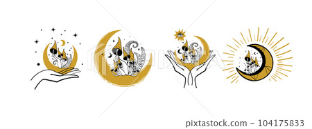 Logo set with fly agaric mushrooms, female hands and moon, halloween vintage stickers, microdosing concept. Hand drawn witch boho tattoo, vector esoteric illustration isolated illustration on white 104175833