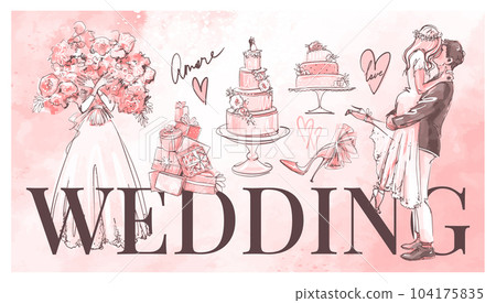Wedding banner, bride and groom in love kiss, multi-tiered cake, gifts, accessories, love card. Modern sketch graphic design and pink watercolor, vintage style. Vector hand drawn illustration. 104175835