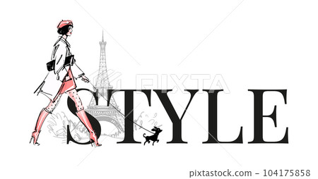 French fashion style, a fashionable girl in a beret and high heels walks with a dog in Paris against the backdrop of the Eiffel Tower. Modern sketch, vector hand drawn illustration isolated on white 104175858