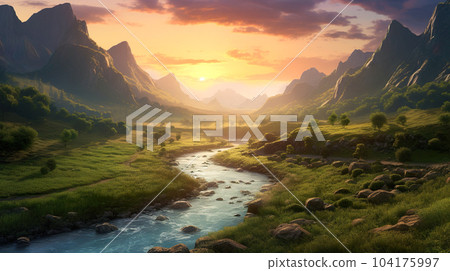 A majestic view of the river flowing at the foot of the mountain and the sunset "AI-generated image" 104175997