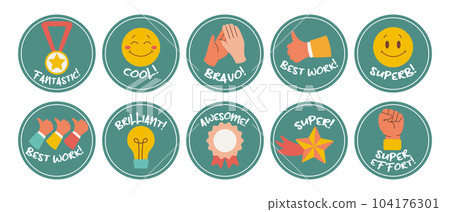 Collection of motivational stickers for great work. Stickers, badges, icons. Flat style, vector Collection of motivational stickers for great work. Stickers, badges, icons. Flat style, vector 104176301