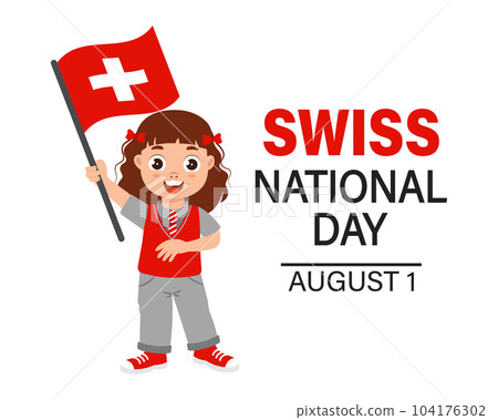 Swiss national day. Cute little girl with the flag of Switzerland. Cartoon illustration, banner, poster, vector 104176302