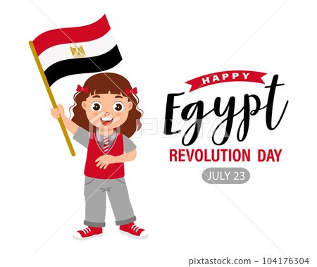 Egypt Revolution Day. Cute little girl with Egypt flag. Cartoon, banner, poster, vector 104176304
