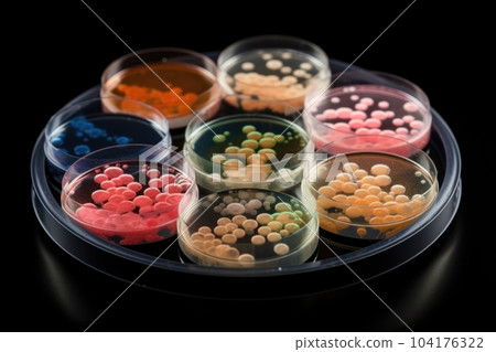 petri dish with array of microbes, each strain represented by a different color, created with generative ai 104176322