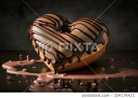 heart-shaped donut with drizzle of chocolate underneath the icing, created with generative ai 104176421