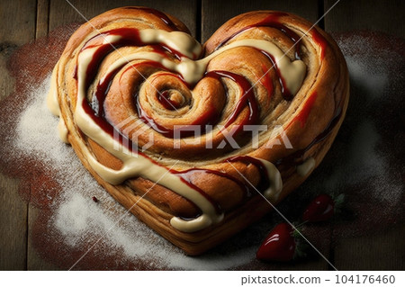 heart-shaped cinnamon roll surrounded by warm, sweet icing, created with generative ai heart-shaped cinnamon roll surrounded by warm, sweet icing, created with generative ai 104176460