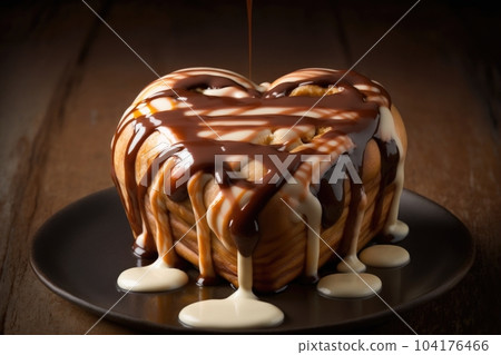 heart-shaped cinnamon roll topped with drizzle of warm melted chocolate, created with generative ai 104176466