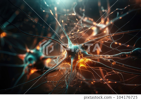 close-up of neuron, with electrical impulses firing in complex patterns, created with generative ai 104176725