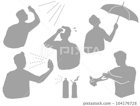 Illustration set of a man taking measures against sunburn Gray 104176728