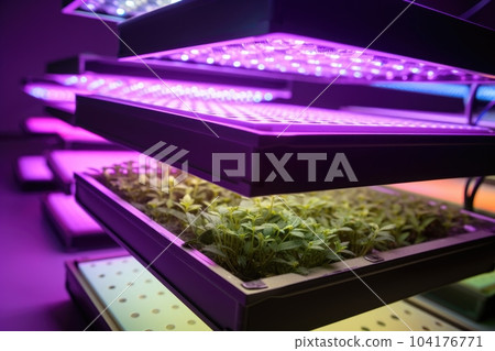 close-up of stack of mini led panels in a sleek and modern grow room, created with generative ai 104176771