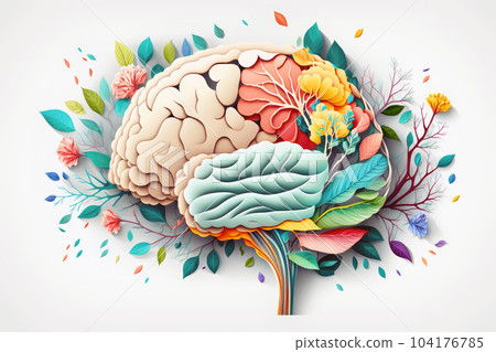 Human brain with spring colorful flowers. Concept of mental health, self care, happiness, harmony, positive thinking, creative mind. Generative ai. 104176785