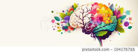 Human brain with spring colorful flowers. World Mental Health day banner. Concept of mental health, self care, happiness, harmony, positive thinking, creative mind. Generative ai. 104176788