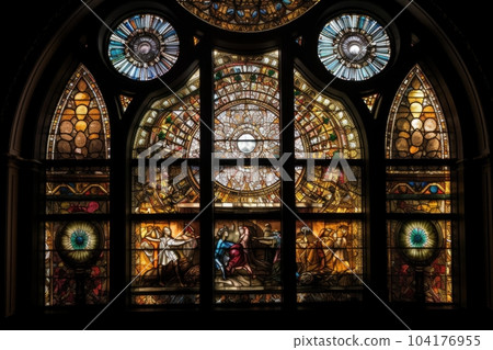 Stained glass window, colorful mosaic illustration