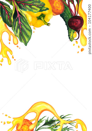 Watercolor vertical banner with carrot, beetroot, bell paper, cucumber, vegetables with place for text and splashes. Hand drawn illustration isolated on white. greeting card template Watercolor vertical banner with carrot, beetroot, bell paper, cucumber, vegetables with place for text and splashes. Hand drawn illustration isolated on white. greeting card template 104177400