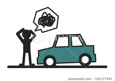 Illustration of a person who is in trouble with a car tire blowing out and not moving 104177461