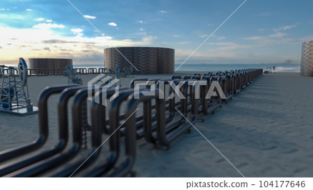 Steel long pipes in crude oil factory during sunset. 3d rendering 104177646