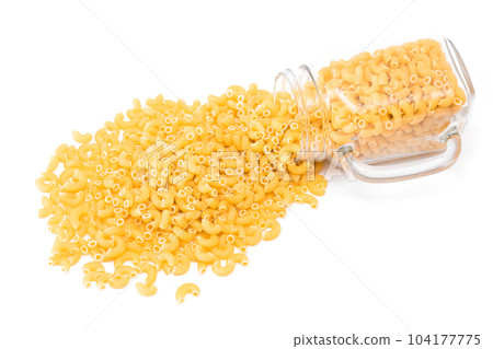Uncooked Chifferi Rigati Pasta in Glass Jar Isolated on White Uncooked Chifferi Rigati Pasta in Glass Jar Isolated on White 104177775