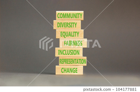 Diversity inclusion symbol. Concept words Community Diversity Equality Fairness Inclusion Representation Change on wooden block. Beautiful grey background. Diversity equality inclusion concept. Diversity inclusion symbol. Concept words Community Diversity Equality Fairness Inclusion Representation Change on wooden block. Beautiful grey background. Diversity equality inclusion concept. 104177881