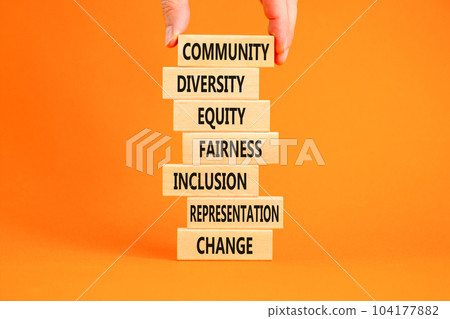 Diversity inclusion symbol. Concept words Community Diversity Equity Fairness Inclusion Representation Change on wooden block. Beautiful orange background. Diversity equity inclusion concept. Diversity inclusion symbol. Concept words Community Diversity Equity Fairness Inclusion Representation Change on wooden block. Beautiful orange background. Diversity equity inclusion concept. 104177882