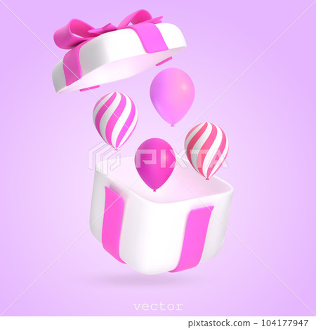 3d Gift Box With Air Balloons. Open Present Box With Pink Ribbon and Bow. Surprise, Birthday Party, Anniversary, Wedding, Gender Party, Baby Shower Party. Vector Render Illustration In Cartoon Style. 3d Gift Box With Air Balloons. Open Present Box With Pink Ribbon and Bow. Surprise, Birthday Party, Anniversary, Wedding, Gender Party, Baby Shower Party. Vector Render Illustration In Cartoon Style. 104177947