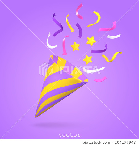 3d party poppers with flying confetti and stars. Firecracker, symbol of surprise. For birthday party, anniversary. Plasticine Cartoon Style. Vector 3D render illustration 104177948