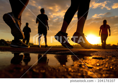 Runners silhouettes training at sunset. Sport activities outdoors. Generative AI 104178107
