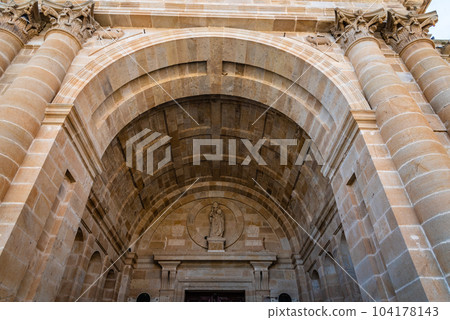 Low angle view of entrance portico to the Zamora Cathedral Low angle view of entrance portico to the Zamora Cathedral 104178143