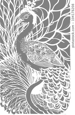 white stylized contour drawing of a peacock on a gray background, monochrome graphics, design white stylized contour drawing of a peacock on a gray background, monochrome graphics, design 104178208