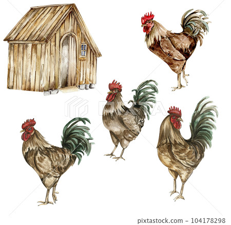Watercolor wooden farmhouse and cock. Hand drawn illustration of a farm. Perfect for wedding invitation, greetings card, posters. 104178298