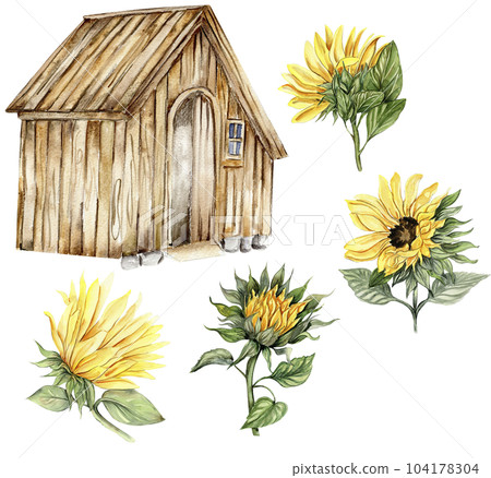 Watercolor wooden farmhouse and sunflowers. Hand drawn illustration of a farm. Perfect for wedding invitation, greetings card, posters. Watercolor wooden farmhouse and sunflowers. Hand drawn illustration of a farm. Perfect for wedding invitation, greetings card, posters. 104178304