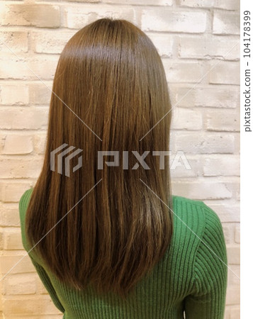 站在磚牆邊的頭髮模特女人的後視圖 站在磚牆邊的頭髮模特女人的後視圖 104178399