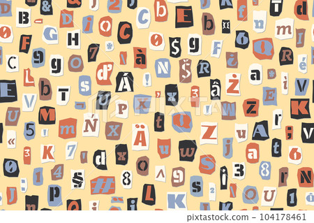 Seamless ransom pattern Collage style letters, numbers cut from newspapers and magazines. Vintage ABC collection. Blue white, black punk typeface Extended Latin alphabet Typography vector illustration 104178461